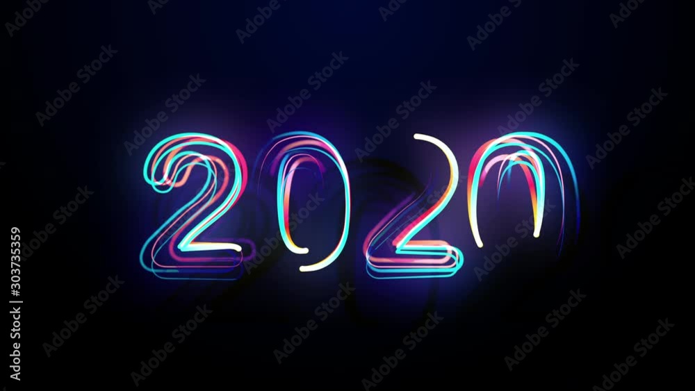 Conception 2020 Bright Multicolored Animation Numerals of the New Year Flicker and Glowing. Colored Neon Light Form Generated Circle and Wave Digits. Isolated Colorful Symbols Shape Date Sign Rays 4K