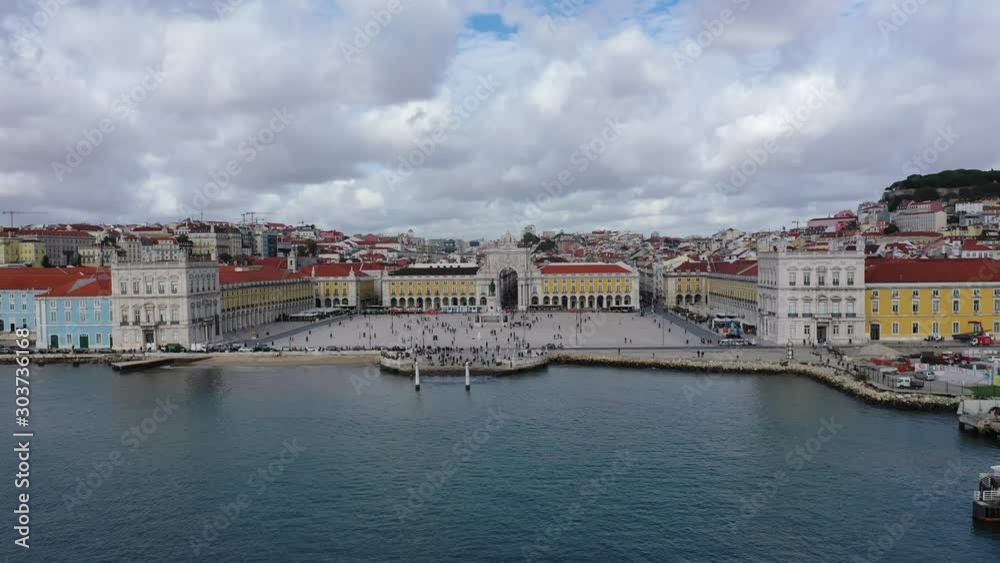 Aerial view over Commerce Square in Lisbon called Praca do Comercio - the central market square - aerial drone footage Aerial view over Commerce Square in Lisbon called Praca do Comercio - the central market square - aerial drone footage