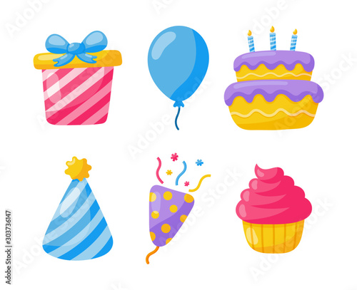 birthday icons. party celebration. carnival festive items isolated on white background. vector Illustration.