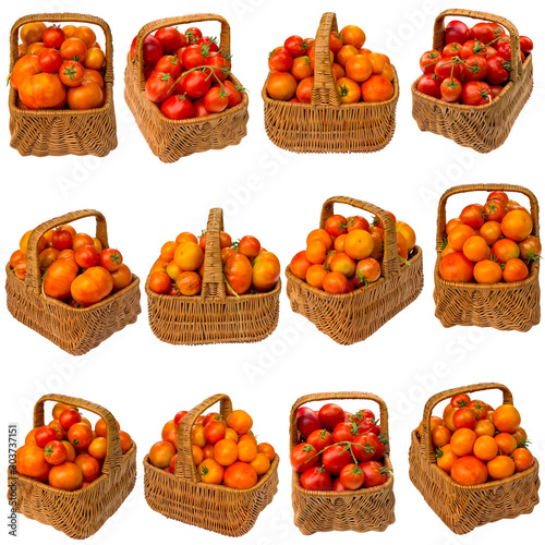 Basket with tomatoes on a white background.