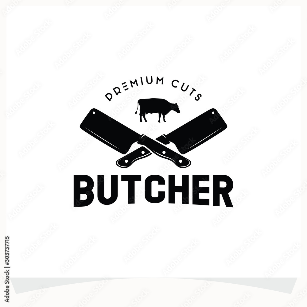 Butchery Shop Logo Design Template. Cow and meat cleaver knife vector design. Butchery Shop Logo Design Template. Cow and meat cleaver knife vector design.