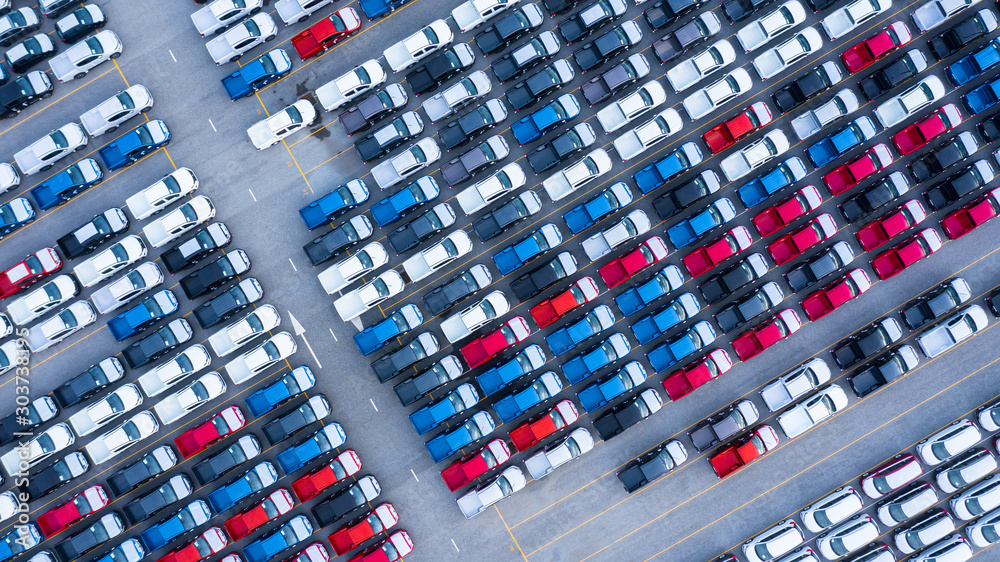 Φωτογραφία Aerial view new cars for sale stock lot row, New  Cars dealer inventory import export business logistic global