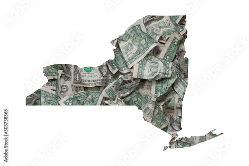 New York State Map, Crumpled Dollars, Waste of Money Concept photo