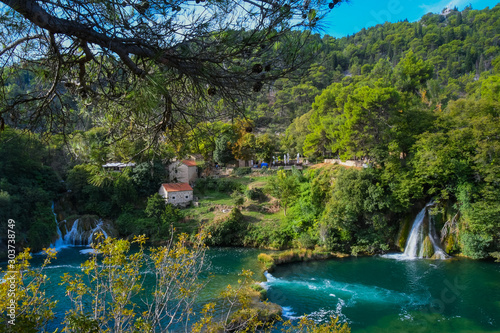 View of waterfalls  lakes  and old mill buildings in Krka National Park  Croatia