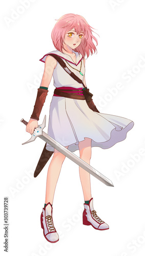 Cute original character design of fantasy female girl warrior or swordswoman magic fencer knight in Japanese manga illustration style with isolated transparent background