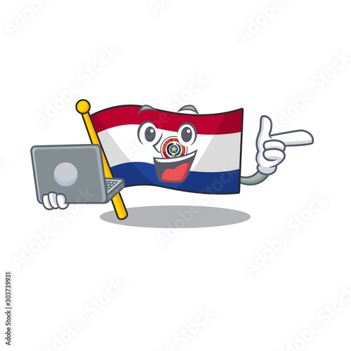 With bring laptop cartoon flag paraguay in with mascot photo