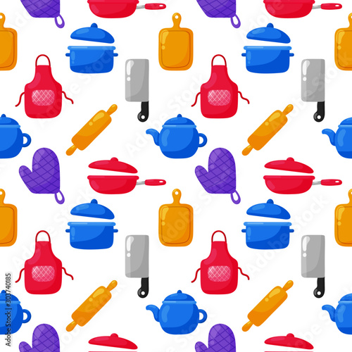 cooking foods seamless pattern and kitchen outline colorful icons set on white background. vector illustration. 