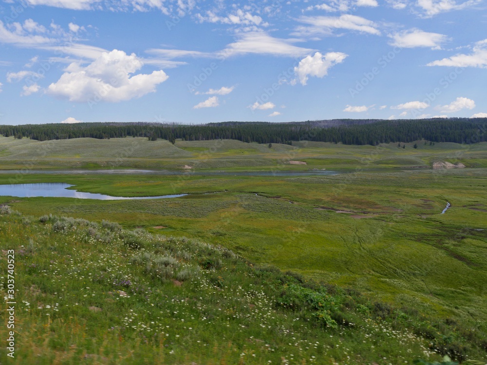 Wide view of lush green meadows with the Yellowstone River at the Yellowstone National Park in Wyoming, USA. Wide view of lush green meadows with the Yellowstone River at the Yellowstone National Park in Wyoming, USA.