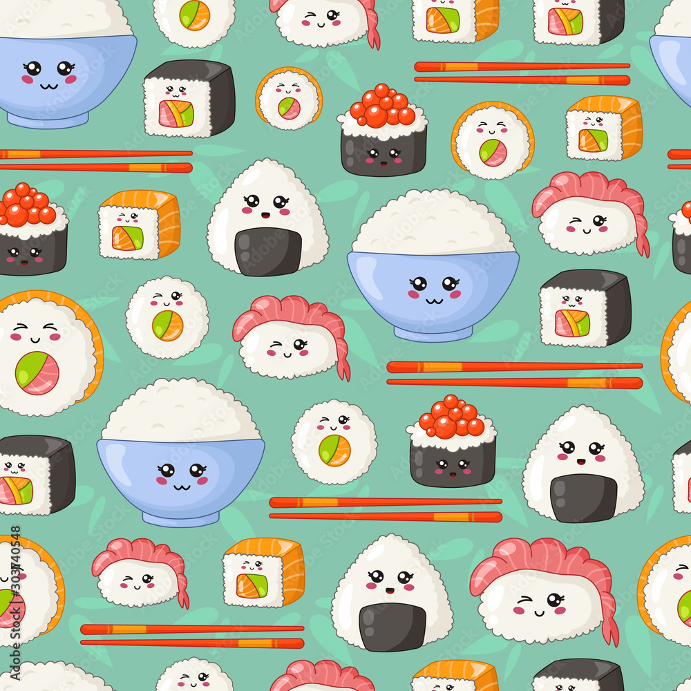 Fototapeta premium Kawaii sushi, sashimi and rolls - seamless pattern or background, cartoon emoji, manga style, traditional Japanese or Asian cuisine and food isolated on white - vector for wrapping, textile