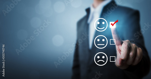Businessmen choose to rating score happy icons. Customer service experience and business satisfaction survey concept
