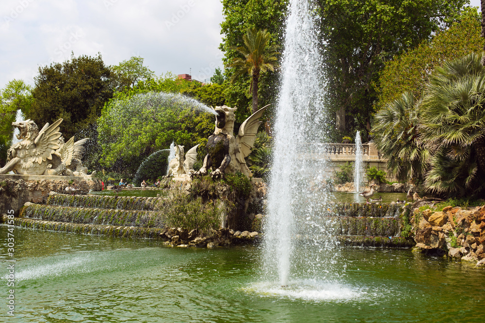 Fountains at the Grand Cascade fountain in the Ciutadella park. Barcelona, Spain