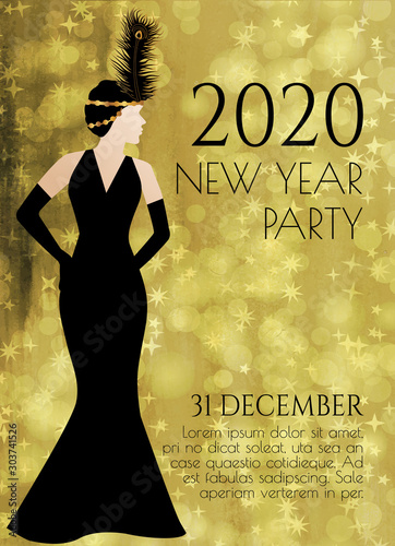 2020 New Year Gold Art Deco Style Party Lady Invitation Design with Woman and Gold Sparkle Background