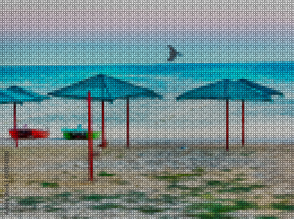 Illustration. Cross-stitch. Seascape, sky. Sandy beach with tents, sun sunset.