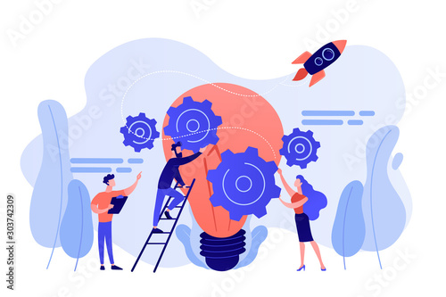 Tiny business people generating ideas and holding gears at big light bulb. Idea management, alternative thinking, best solution choice concept. Pink coral blue vector isolated illustration photo