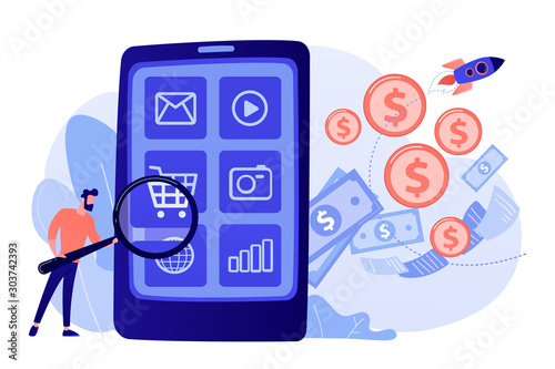 Digital marketing, e-commerce. Buyer flat character shopping online. App monetization, mobile app advertisement, app download promotion concept. Pink coral blue vector isolated illustration