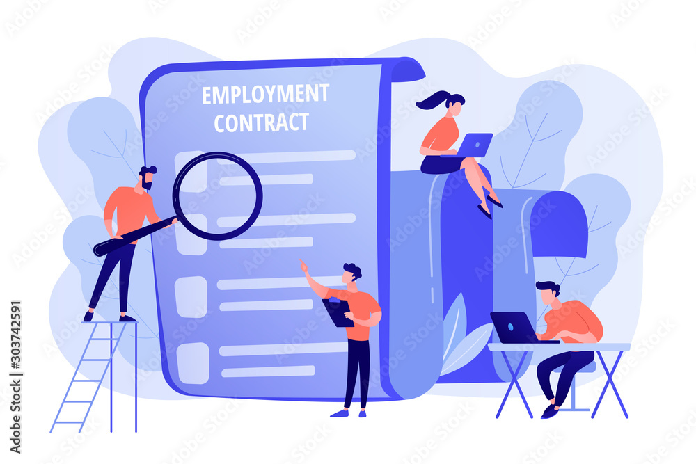 Employee hiring. Business document. HR management. Employment agreement, employment contract form, employee and employer relations concept. Pink coral blue vector isolated illustration
