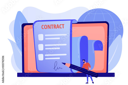 Business agreement. Legal arrangement. Employee hiring. Electronic contract, ecommerce business documents, digital signature validation concept. Pink coral blue vector isolated illustration