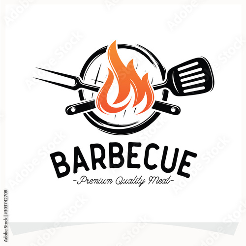 Hot BBQ Steak Grill House Logo Design Template