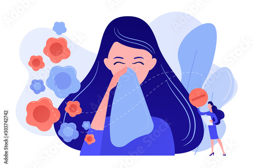 Female allergic to spring flowers sneezing and taking medicine. Seasonal allergy, seasonal allergy diagnosis, pollen allergy immunotherapy concept. Pinkish coral bluevector vector isolated