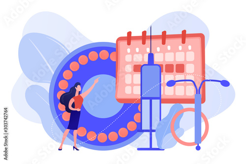 Woman poining at oral contraceptives, iud and bc injection. Female contraceptives, oral hormonal contraception, birth fertility control concept. Pinkish coral bluevector vector isolated illustration