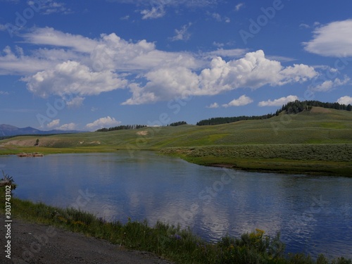 Beautiful landscape with the Yellowstone River at Yellowstone National Park in Wyoming, USA.
