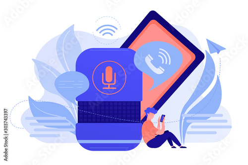 User making hands-free phone calls with smart speaker. Smart home assistant, IoT technology and voice controlled digital devices concept. Vector isolated illustration.