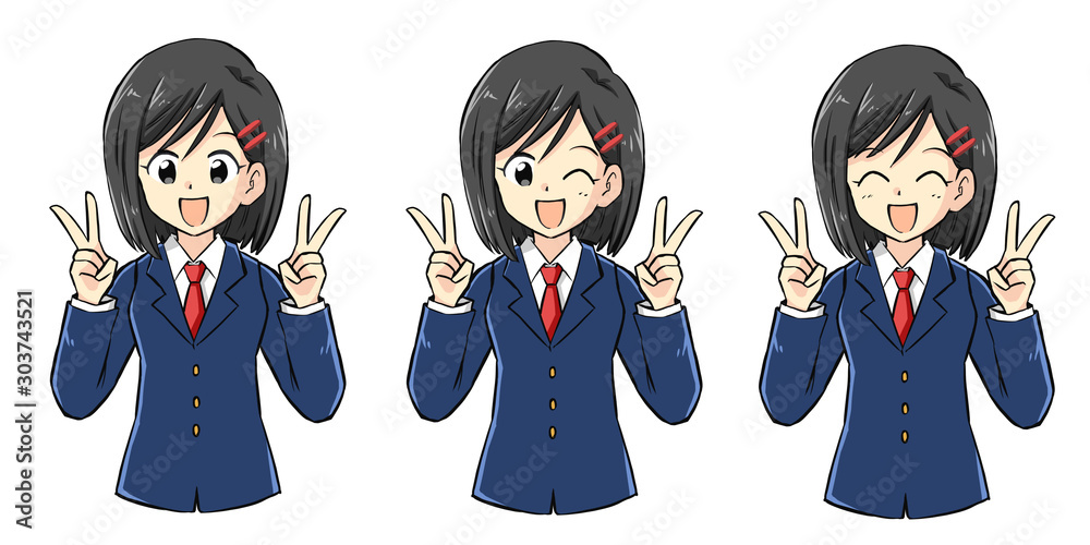 ピースサインをする可愛い女子高生のイラスト Ilustracion De Stock Adobe Stock