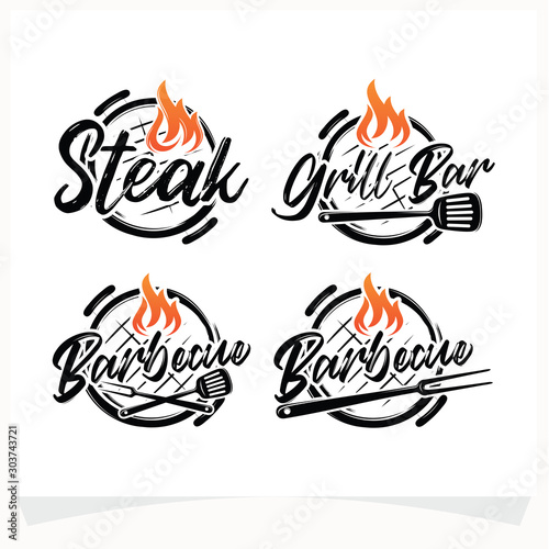 Set of Hot BBQ Steak Grill House Logo Design Template