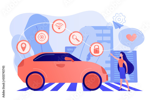 Businesswoman with heart likes using autonomos car with technology icons. Autonomous car, self-driving car, driverless robotic vehicle concept. Pinkish coral bluevector isolated illustration