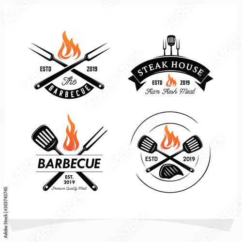 Set of Hot BBQ Steak Grill House Logo Design Template