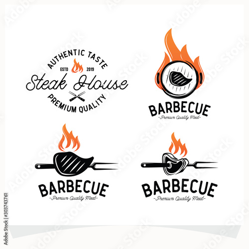 Set of Hot BBQ Steak Grill House Logo Design Template