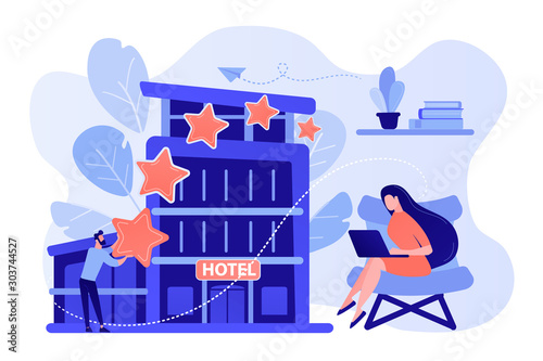 Business people with rating stars for design hotel architecture and interior. Design hotel, modern architecture, unique interior decoration concept. Pinkish coral bluevector isolated illustration