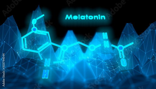 Melatonin hormone chemical molecular formula. In humans  it plays a role in circadian rhythm synchronization. Conventional skeletal formula. 3D rendering. Low poly mountains landscape backdround