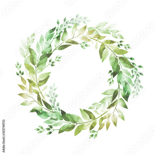 Watercolor floral decoration. A wreath ofspring green leaves. photo