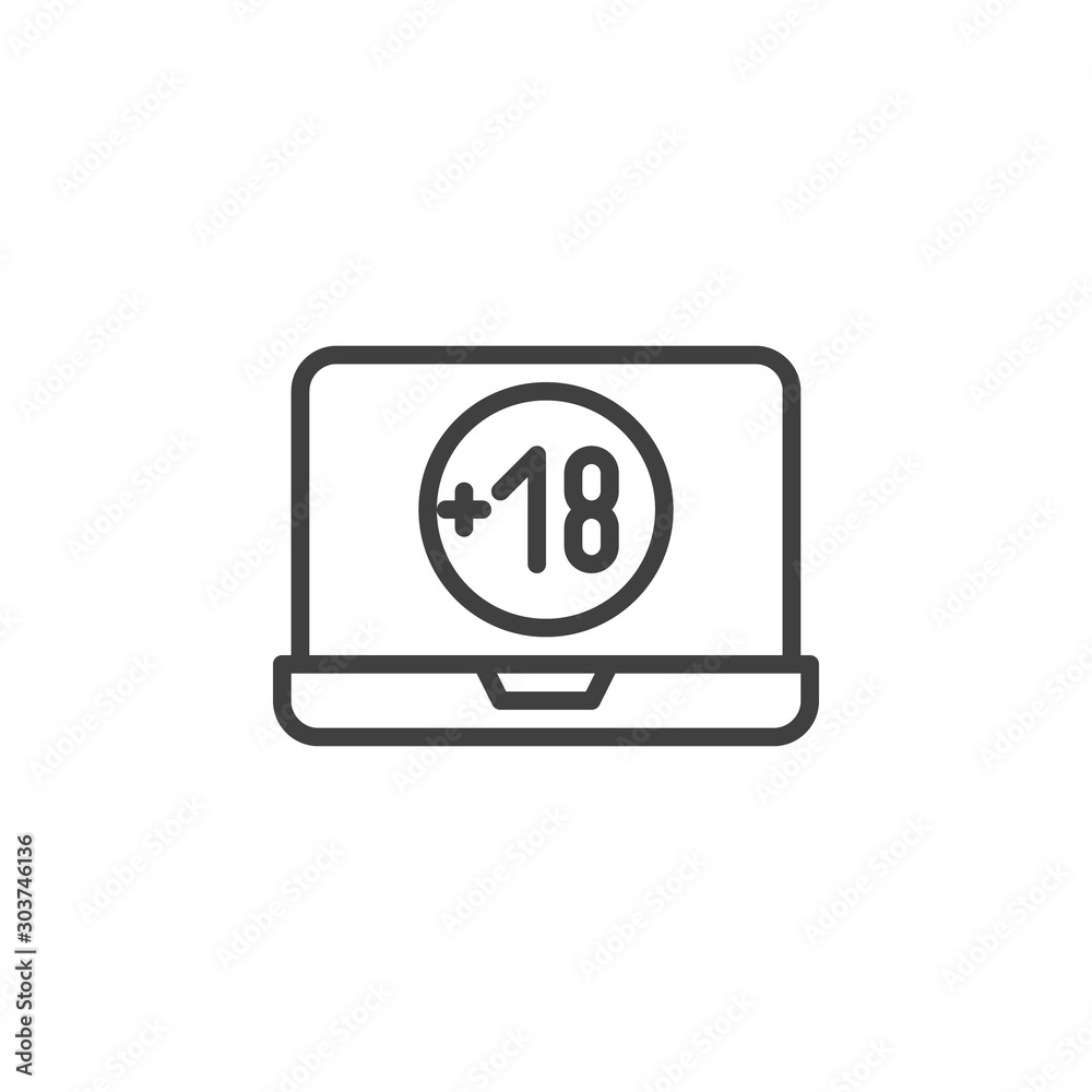 Under 18 years old content line icon. linear style sign for mobile concept and web design. Laptop screen with Eighteen plus sign outline vector icon. Symbol, logo illustration. Vector graphics Under 18 years old content line icon. linear style sign for mobile concept and web design. Laptop screen with Eighteen plus sign outline vector icon. Symbol, logo illustration. Vector graphics