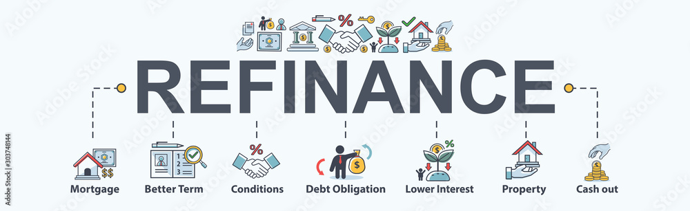 Refinance banner web icon for financial and home loan, mortgage, better term, debt obligation, property, lower interest and cash out. Minimal vector infographic.