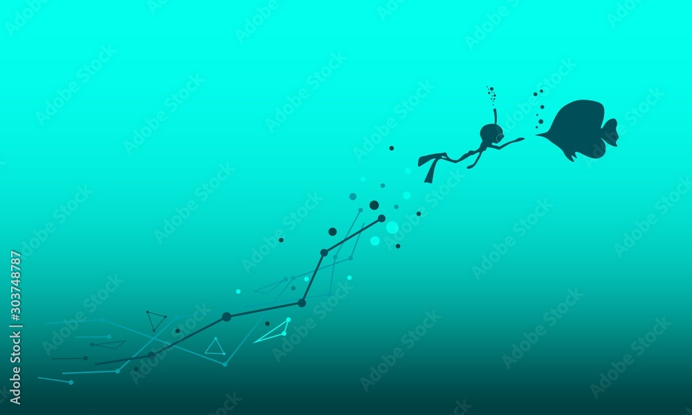 Silhouette of diver look at big fish. Lines connected with dots trail. The concept of sport diving. Icon of diver drawn in cartoon doodle style.