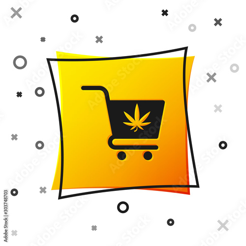 Black Shopping cart with marijuana or cannabis leaf icon isolated on white background. Online buying. Delivery service. Supermarket basket. Yellow square button. Vector Illustration