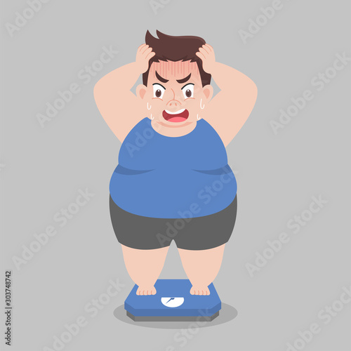 Big Fat Man standing on electronic scales for weight Body weight, shock, Healthcare concept cartoon Healthy character flat vector design.