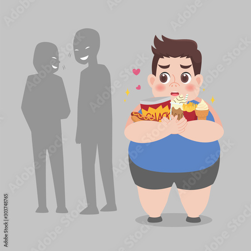 People bullying fat Man, plus size boy have some bullying and feel upset to his obesity. Healthcare concept cartoon Healthy character flat vector design.