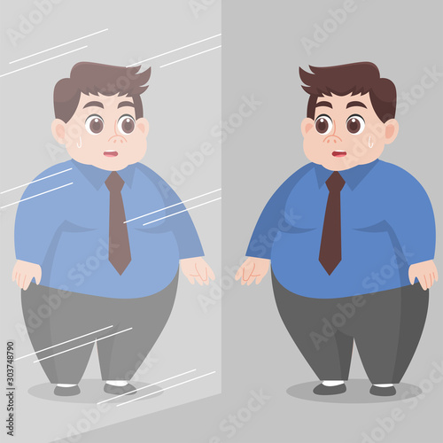 Big Fat Man looking himself in the mirror and feel worry Healthcare concept cartoon Healthy character flat vector design.