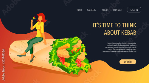 Web page design template for Fast food, Kebab, Cooking, Food ordering. Tiny woman with huge kebab with chicken, tomato, lettuce, french fries. Perfect for poster, banner, flyer, menu, website.