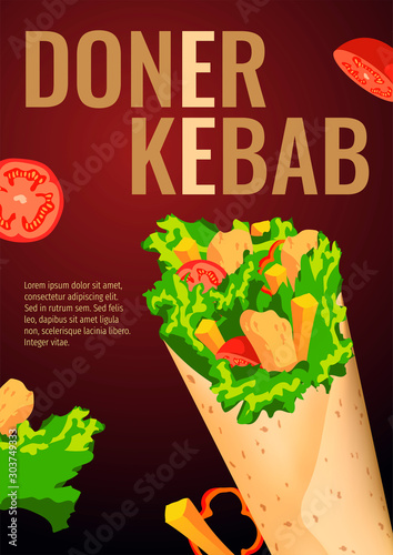 Yummy kebab with chicken, tomato, lettuce, french fries. Vector illustration for cafe or restaurant menu, poster, banner, flyer.