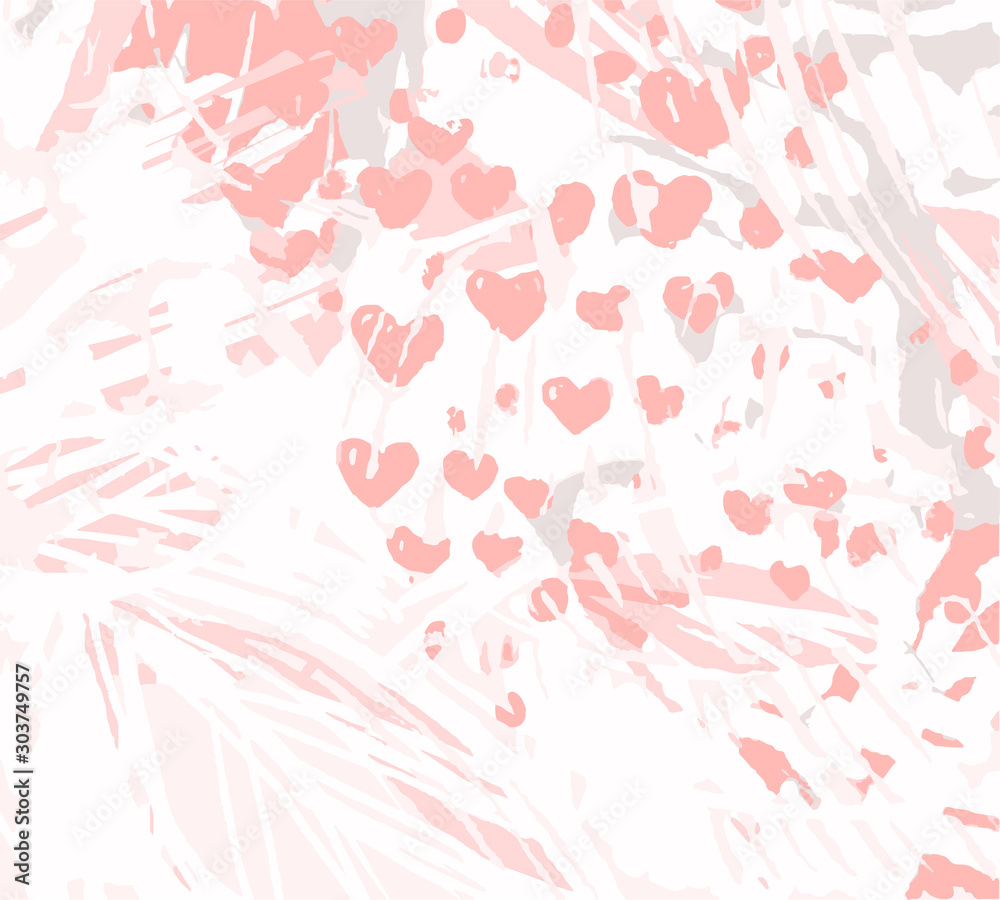 Modern creative universal delicate background in pink colors. Natural abstract texture with leaves and hearts. Abstract background for valentines day. Hand drawn graphic for web, postcard, poster