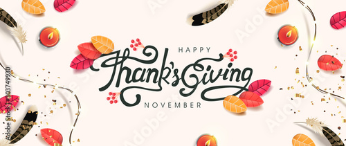 Thanksgiving day banner background. Celebration quotation for card.vector illustration.Autumn season Calligraphy of "Thanksgiving".