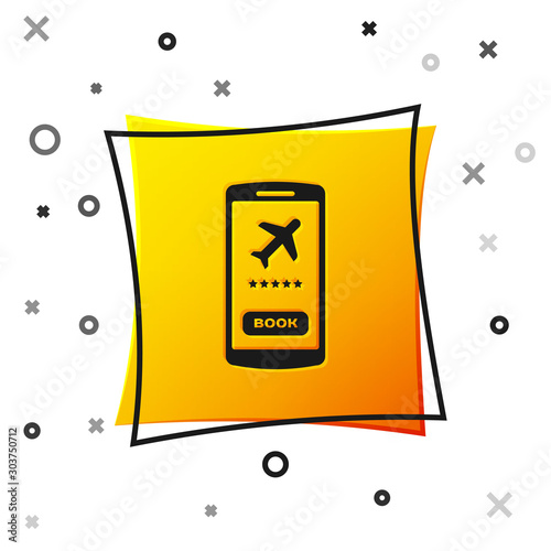 Black Smartphone with electronic boarding pass airline ticket icon isolated on white background. Passenger plane mobile ticket for web and app. Yellow square button. Vector Illustration