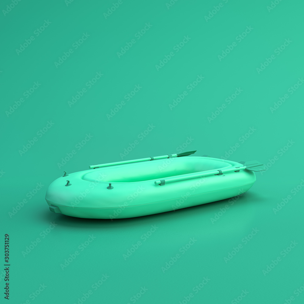 Green sport equipment inflatable boat on green background, solid background, flat background, single color, 3d Rendering