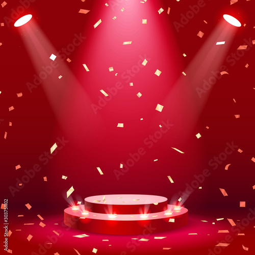 Red stage podium with spotlight and confetti background