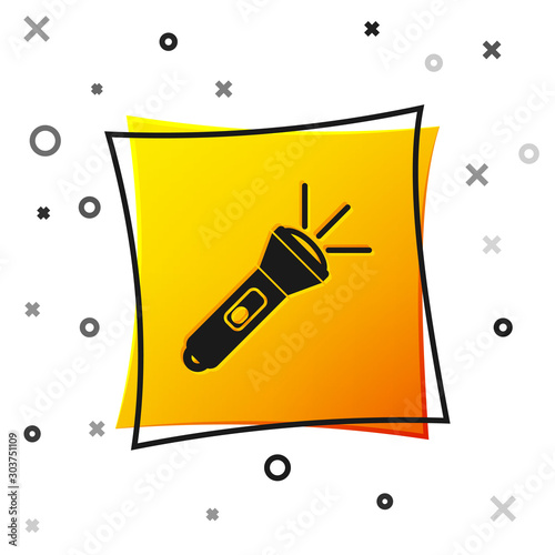 Black Flashlight icon isolated on white background. Yellow square button. Vector Illustration