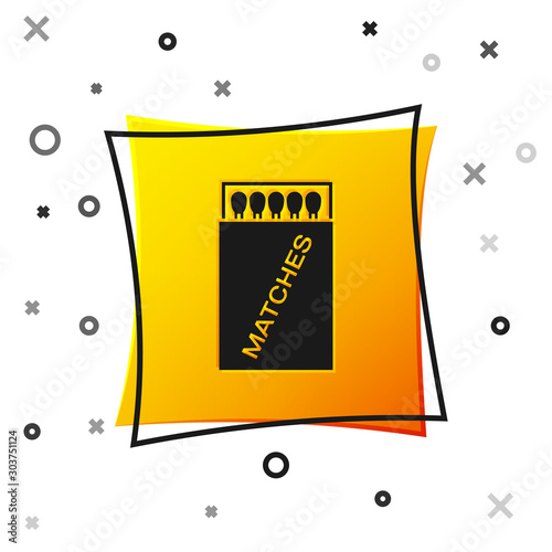Black Open matchbox and matches icon isolated on white background. Yellow square button. Vector Illustration